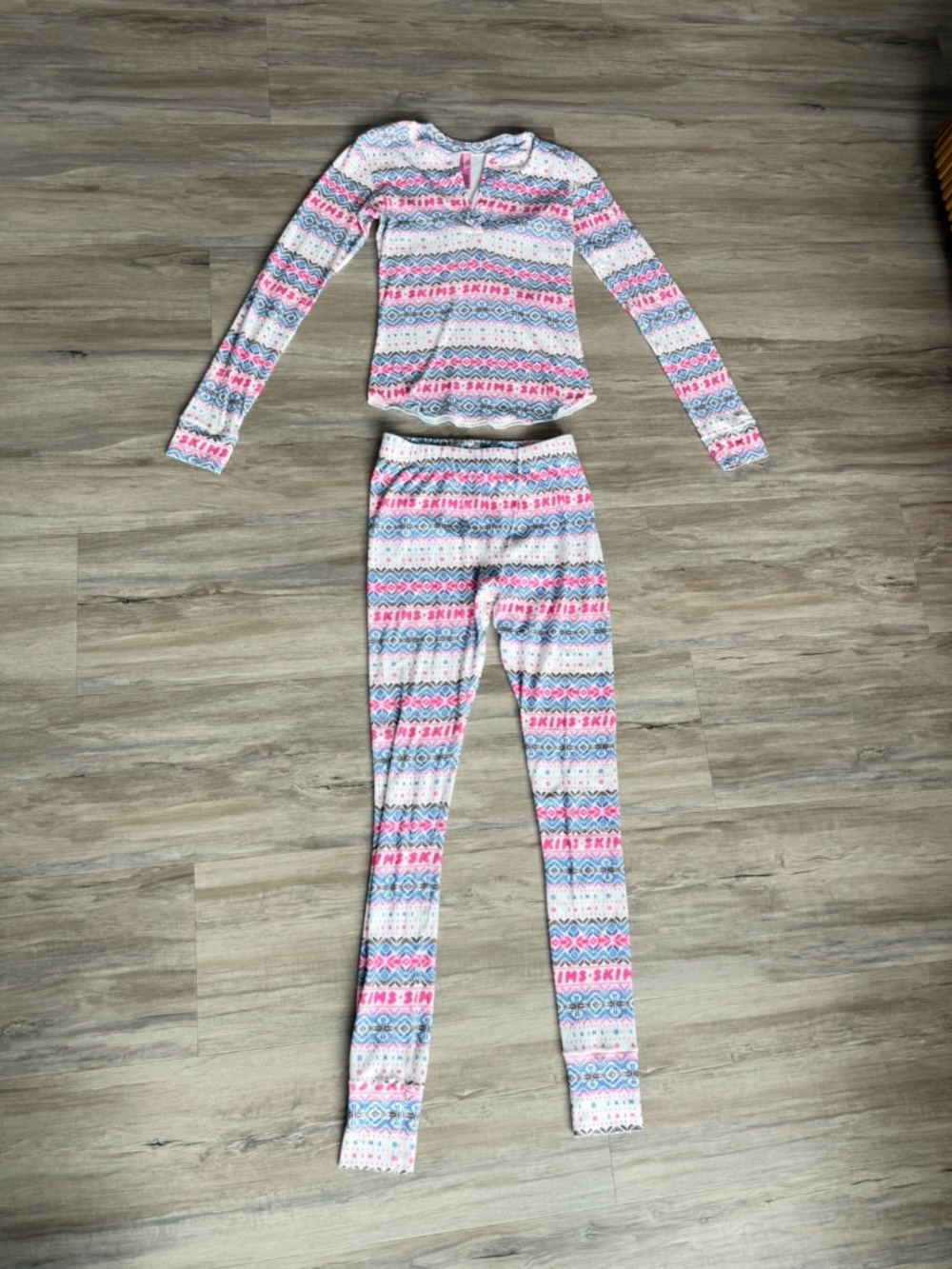 Skims Logo Plush Pointelle Henley top and matching pant set in fair isle print